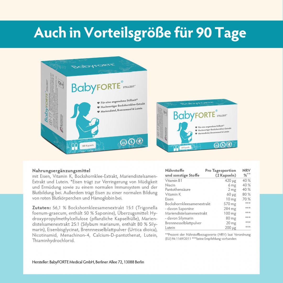 Zwei BabyFORTE-Verpackungen. Text: Auch in Vorteilgröße für 90 Tage. Inhaltsstoffe und Nährwerttabelle. Produktbeschreibung.