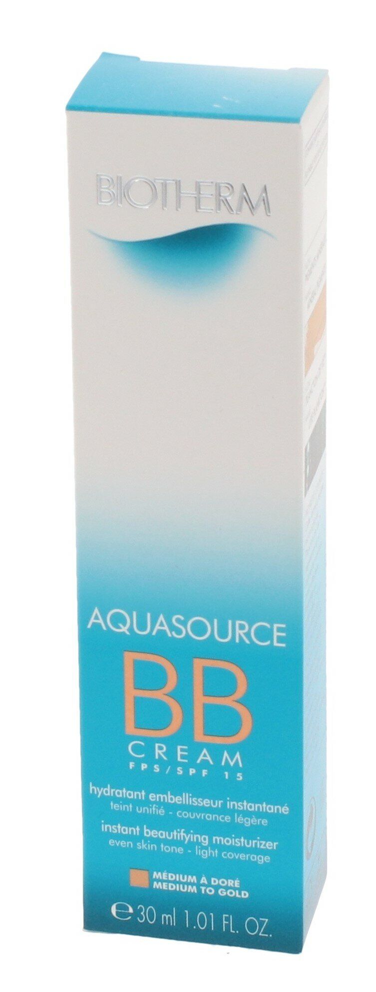 BIOTHERM AQUASOURCE BB CREAM. Verpackung, blau-weiß. Text: AQUASOURCE BB CREAM, Medium to Gold. 30 ml.