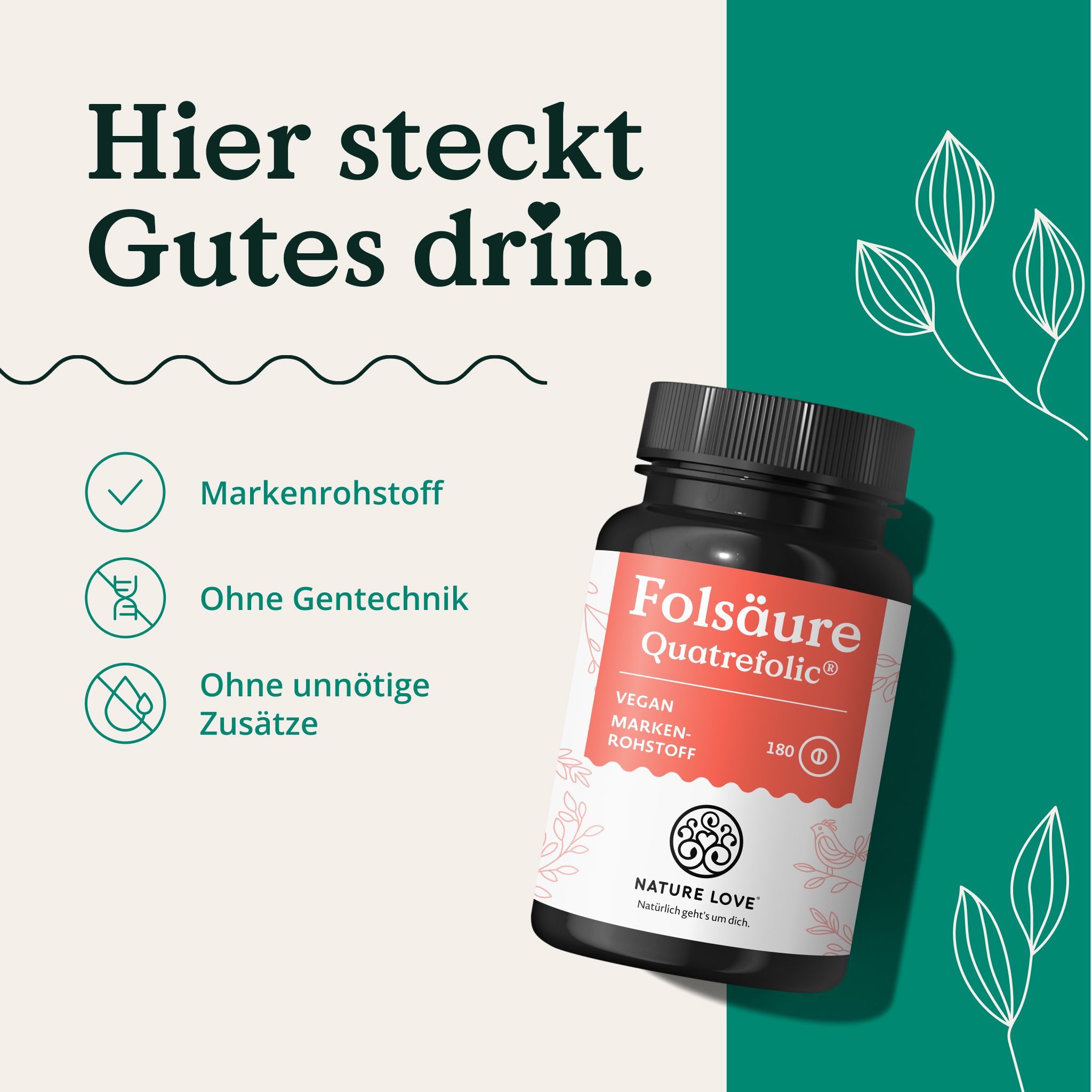 Flasche Folsäure Quatrefolic. "Markenrohstoff, Ohne Gentechnik, Ohne unnötige Zusätze".