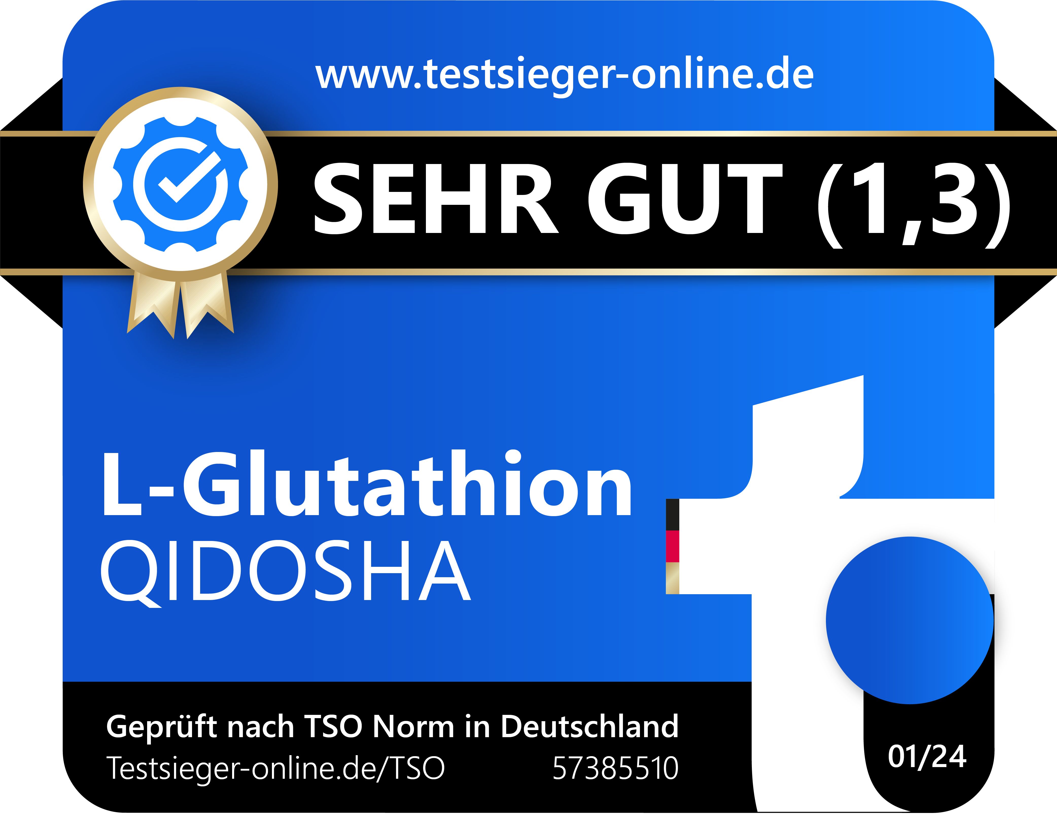 QIDOSHA L-Glutathion: Siegel 'Sehr Gut (1,3)' von test-sieger-online.de, geprüft nach ISO Norm.