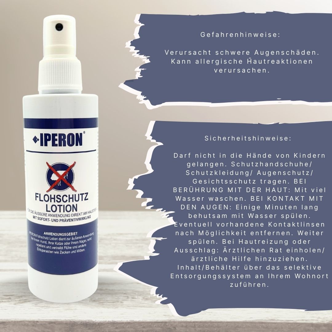 Flasche IPERON® Flohschutz Lotion mit Hinweisen zu Gefahren und Sicherheit.