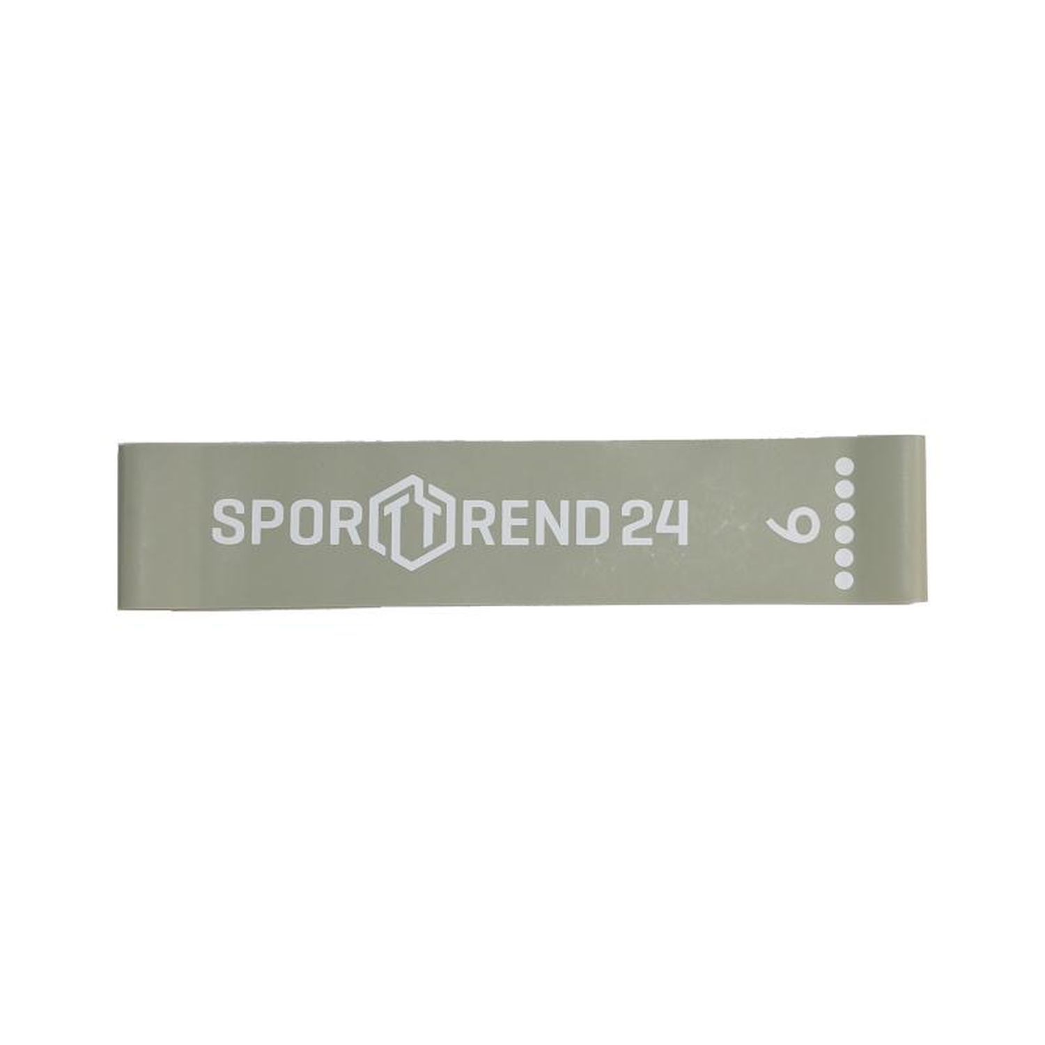 Graues Mini-Band von Sporttrend24 mit weißer Nummer 6 und Logo. Für Fitness-Übungen.