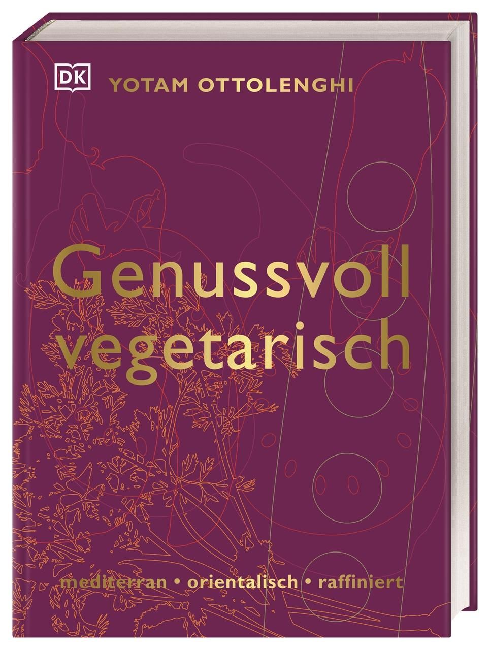 Buchcover mit Titel "Genussvoll vegetarisch" von Yotam Ottolenghi. Lila Hintergrund mit goldenen Schriftzügen und Illustrationen.