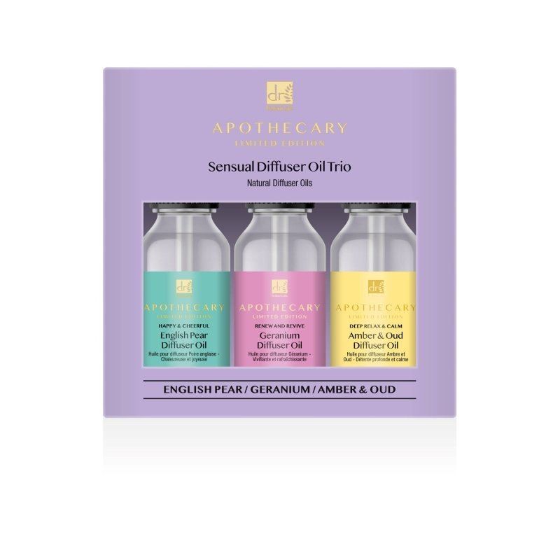 Dr. Botanicals Diffusoröl-Trio mit drei Flaschen: English Pear, Geranium und Amber & Oud.