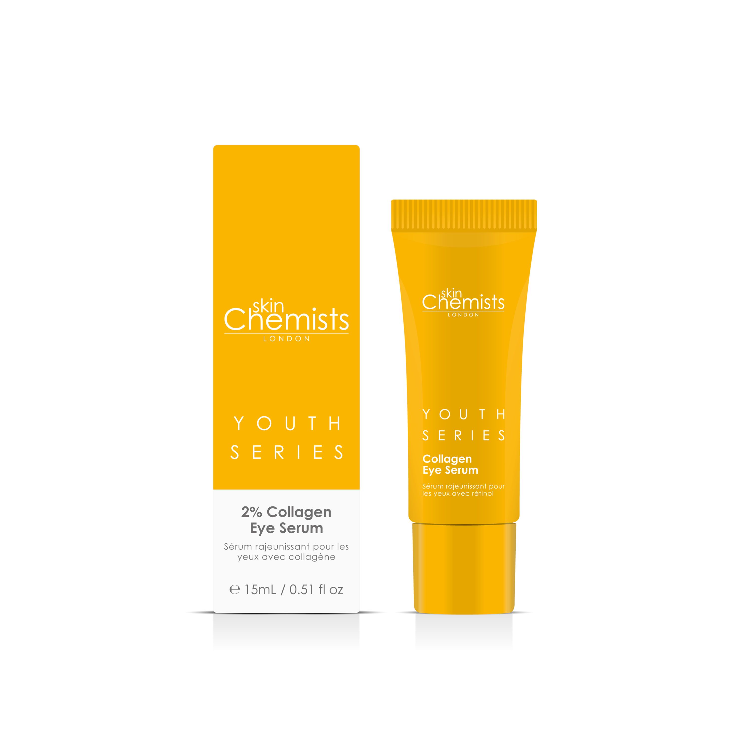 Gelbe Tube und Schachtel mit "skinChemists" und "Youth Series Collagen Eye Serum" Schriftzug. 15ml.