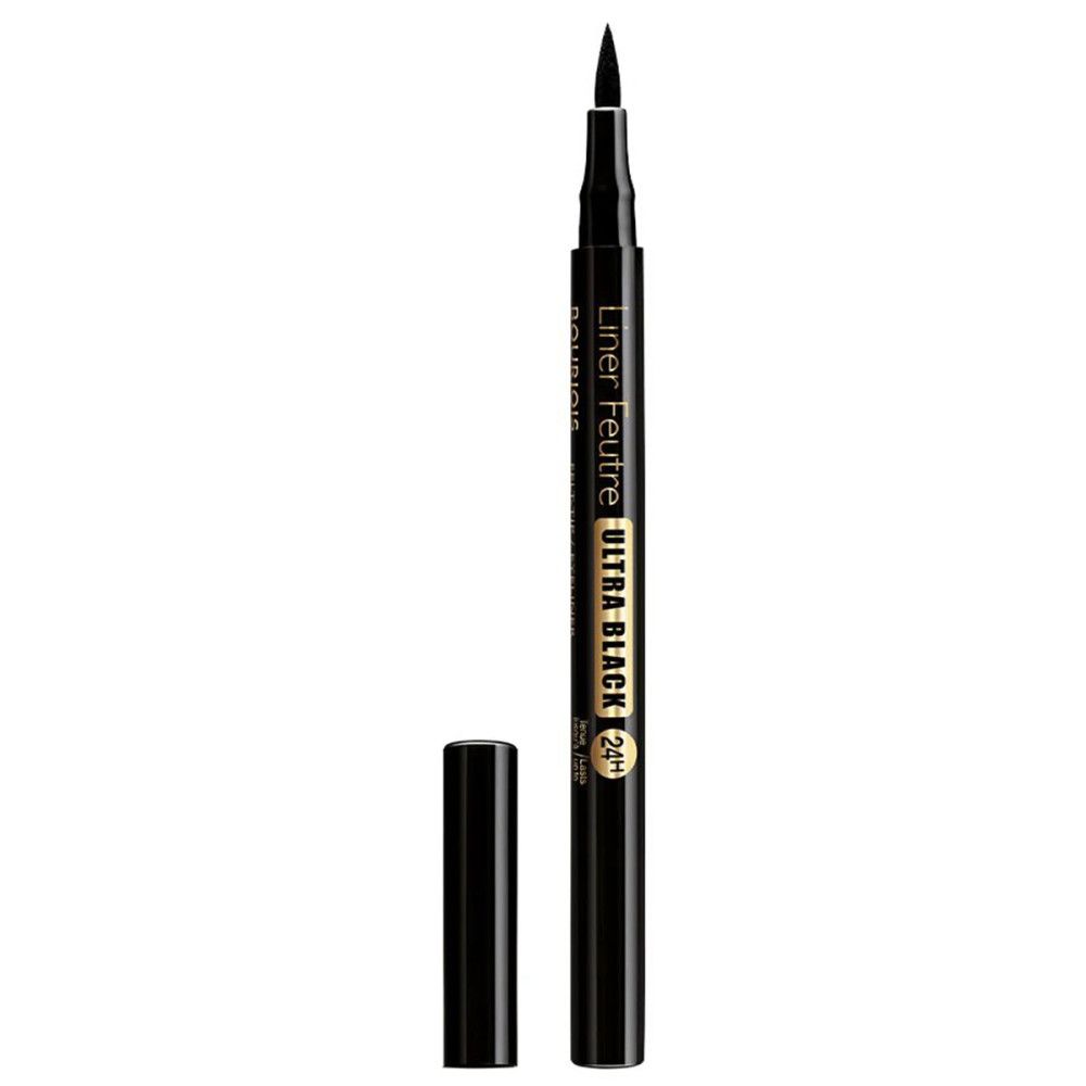 Schwarzer Eyeliner-Stift mit geöffneter Kappe. Aufschrift: Liner Feutre Ultra Black. Spitze sichtbar.