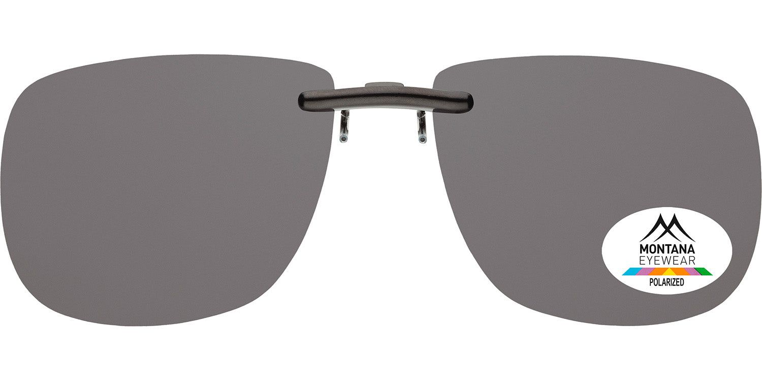 Montana Eyewear Barcelona Clip-on. Graue Gläser, Metallrahmen-Clip. Logo mit Berg und Regenbogen. Polarisiert.