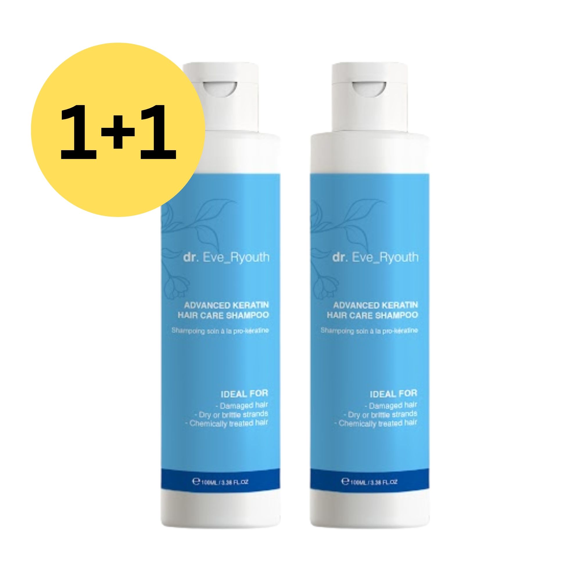 Zwei Flaschen Dr. Eve_Ryouth Advanced Keratin Shampoo, ideal für trockenes, strapaziertes Haar. "1+1"-Angebot hervorgehoben.