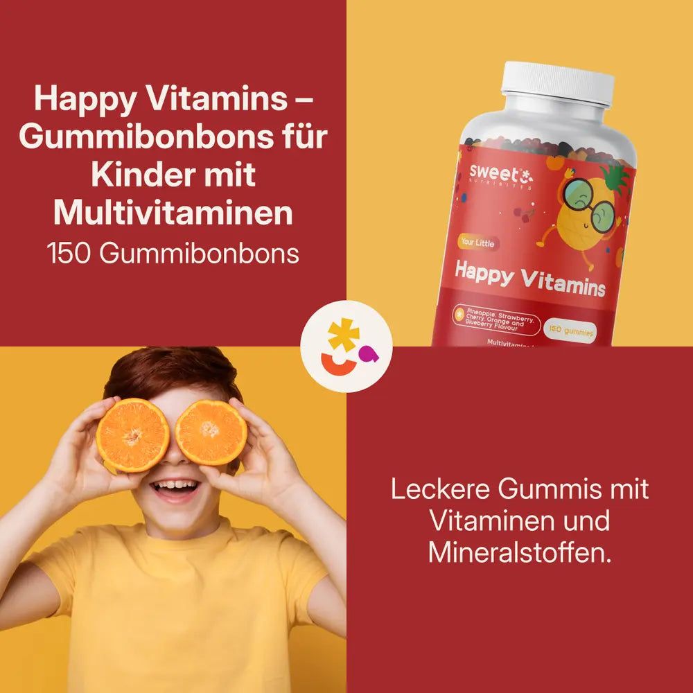 Kind hält Orangenscheiben vor die Augen. Flasche Sweet Nutribites Happy Vitamins im Hintergrund. Text: Happy Vitamins, 150 Gummibonbons.