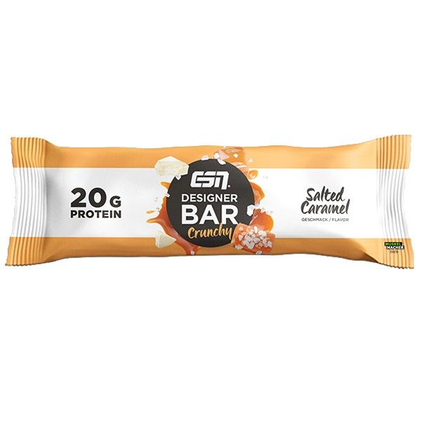 Riegelverpackung mit "ESN Designer Bar Crunchy Salted Caramel". 20g Protein. Gelb-orange Verpackung mit Produktabbildung.