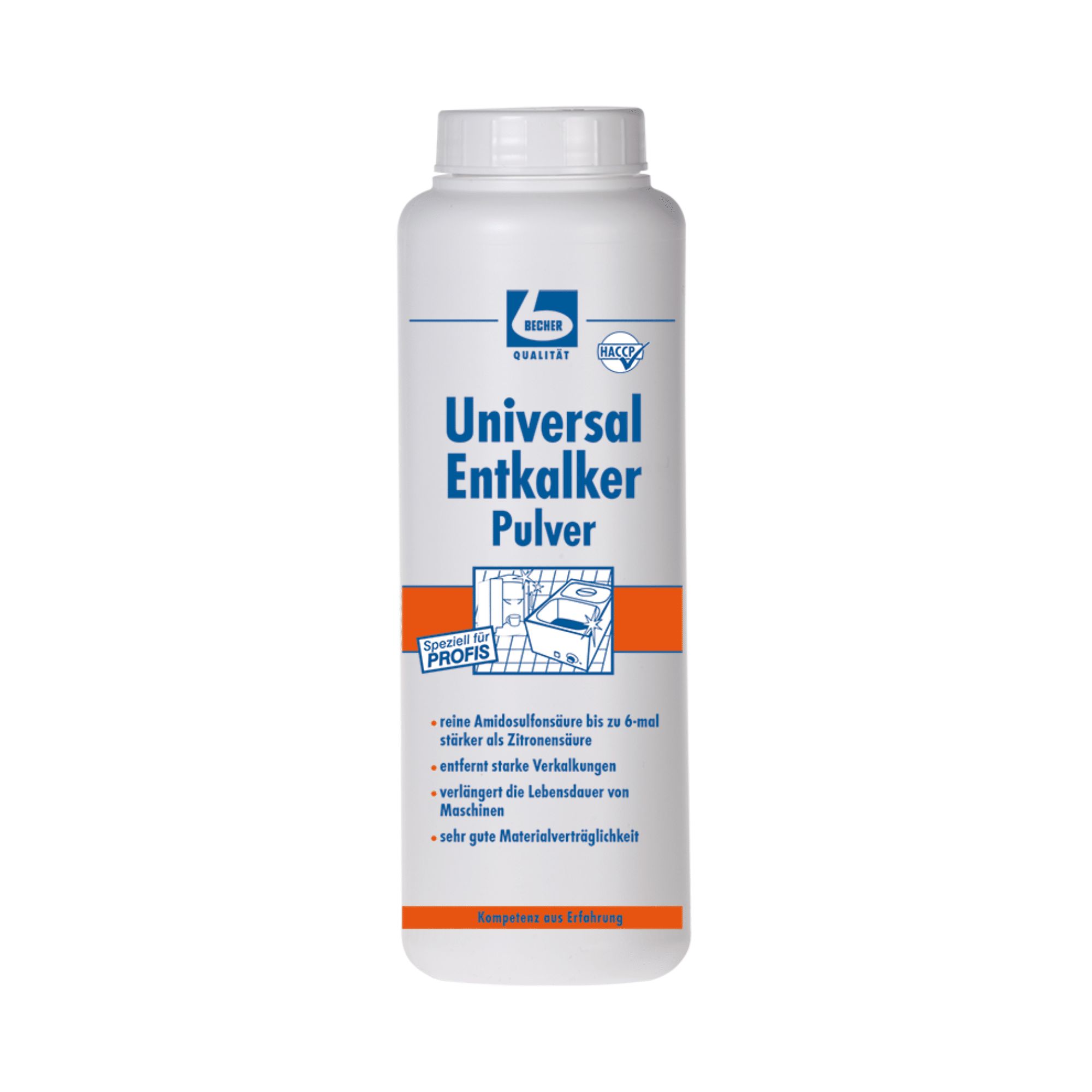 Weiße Flasche mit Schraubverschluss. Aufschrift "Universal Entkalker Pulver". Logo und Text in Blau und Orange. Qualitätszeichen.
