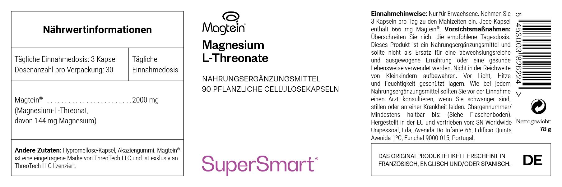 Etikett Magtein-Magnesium L-Threonat. 90 pflanzliche Zellulosekapseln. SuperSmart-Logo. Nährwertangaben und weitere Informationen.