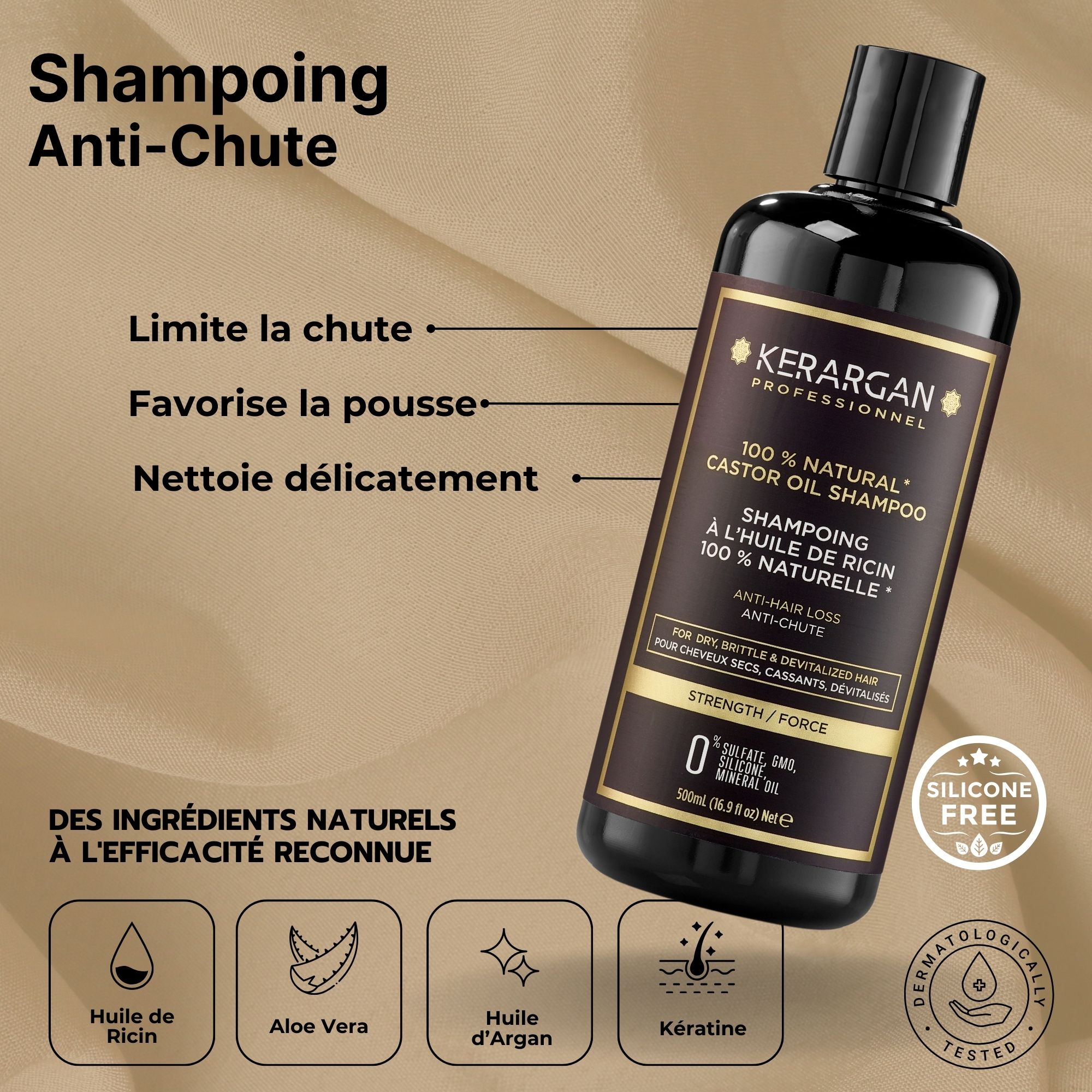Flacon de shampooing Kerargan. Flacon noir avec étiquette marron. Texte : 100% Natural Castor Oil Shampoo, Anti-Chute.