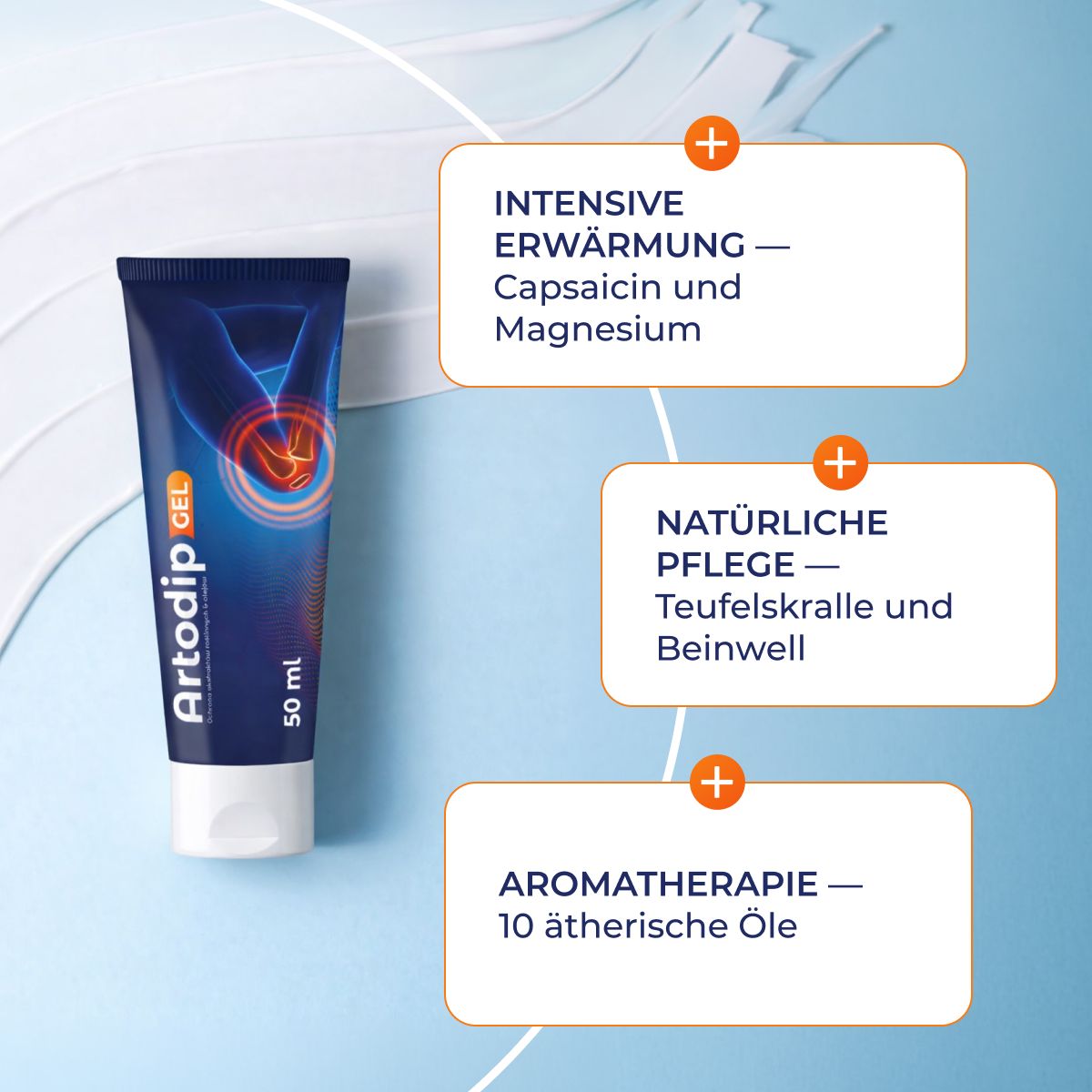 Tube mit Produktnamen und Logo. Text: Intensive Erwärmung, natürliche Pflege, Aromatherapie.