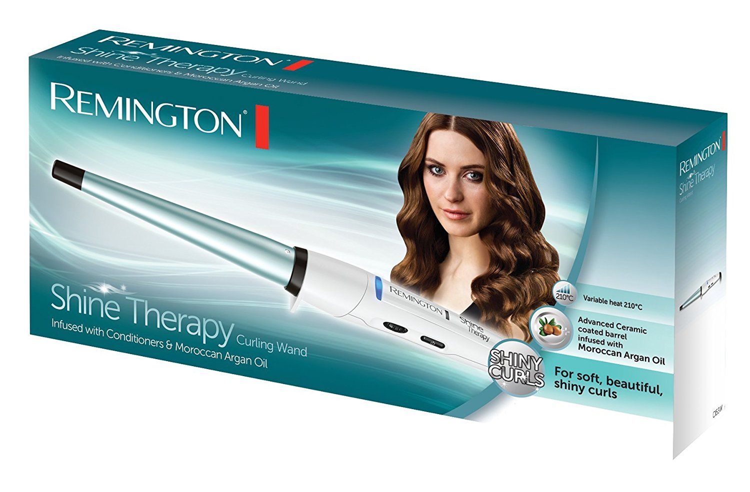 Verpackung mit Lockenstab. Aufdruck: Remington Shine Therapy, Bild einer Frau mit Locken. Text: Arganöl, Keramik.