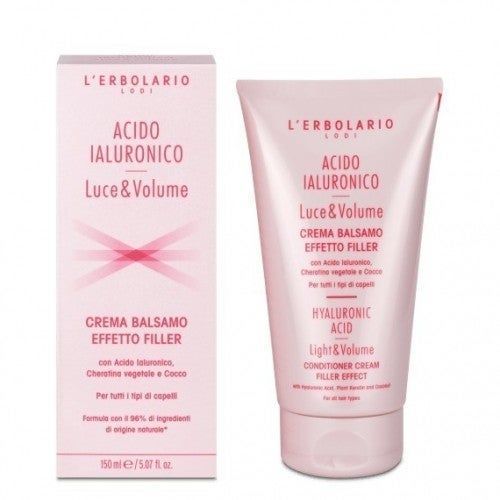 Rosa Tube und Schachtel. Aufschrift: ACIDO IALURONICO, Luce & Volume, CREMA BALSAMO EFFETTO FILLER. Marke: L'Erbolario.