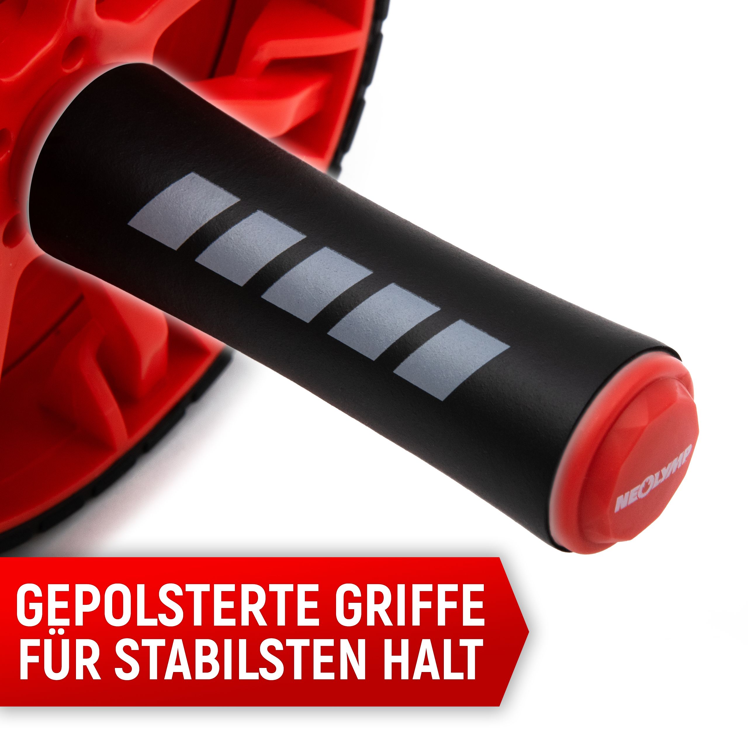 Nahaufnahme des Griffs eines Bauchrollers. Schwarzer Griff mit weißen Streifen und roter Endkappe.