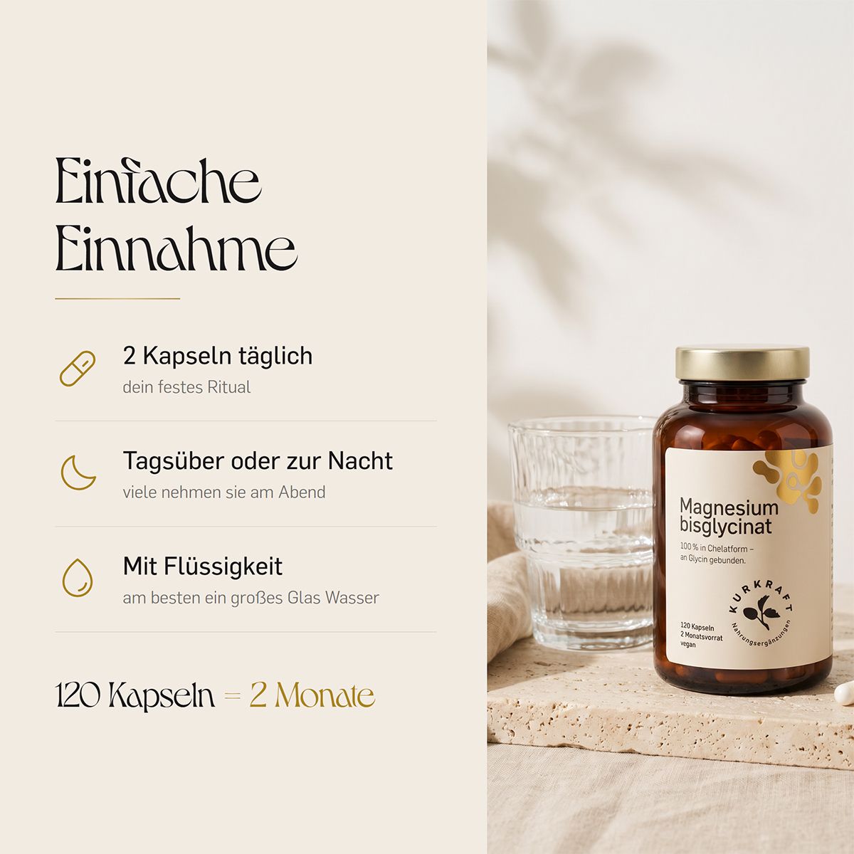 Flasche Magnesiumbisglycinat neben einem Glas Wasser, mit Einnahmehinweisen.
