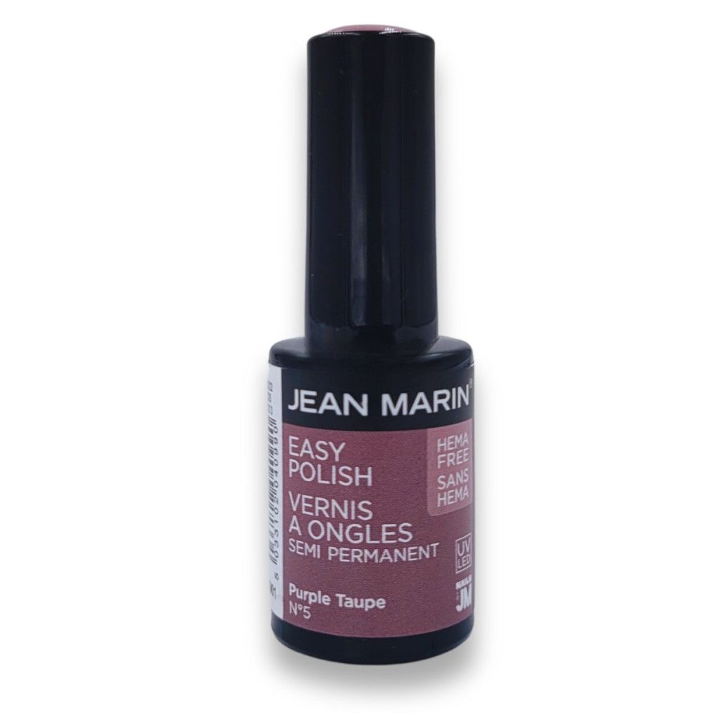Flasche Nagellack. Schwarzer Deckel, braune Flüssigkeit. Aufschrift: JEAN MARIN, EASY POLISH, VERNIS À ONGLES SEMI PERMANENT. Farbe: Purple Taupe.