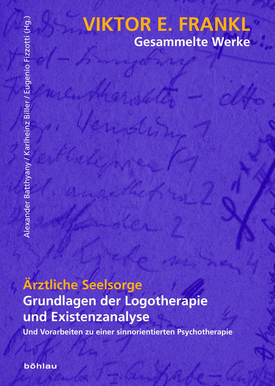 Buchcover mit Titel "Ärztliche Seelsorge". Autor: Viktor E. Frankl. Blaue Schrift auf blauem Hintergrund mit handschriftlichen Notizen.