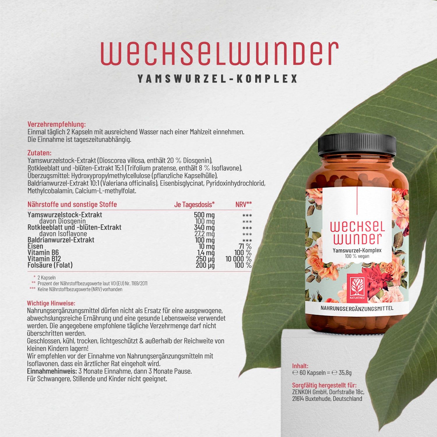 Probiergröße WECHSELWUNDER Small: Wechseljahre Komplex Yamswurzel + Rotklee - 60 Kapseln NATURTREU®