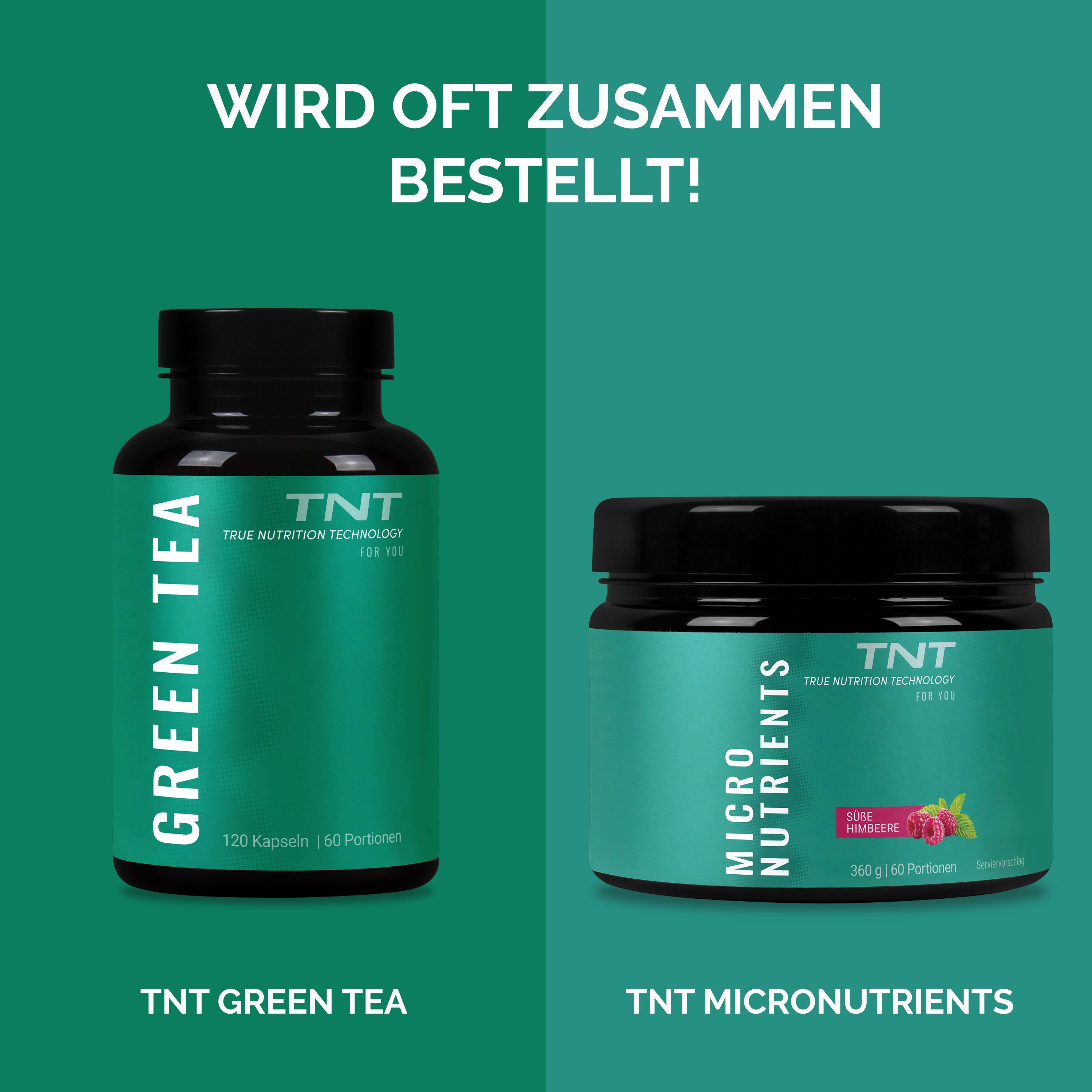 Vergleich von TNT Grüner Tee Kapseln und TNT Mikronährstoffen in Behältern.