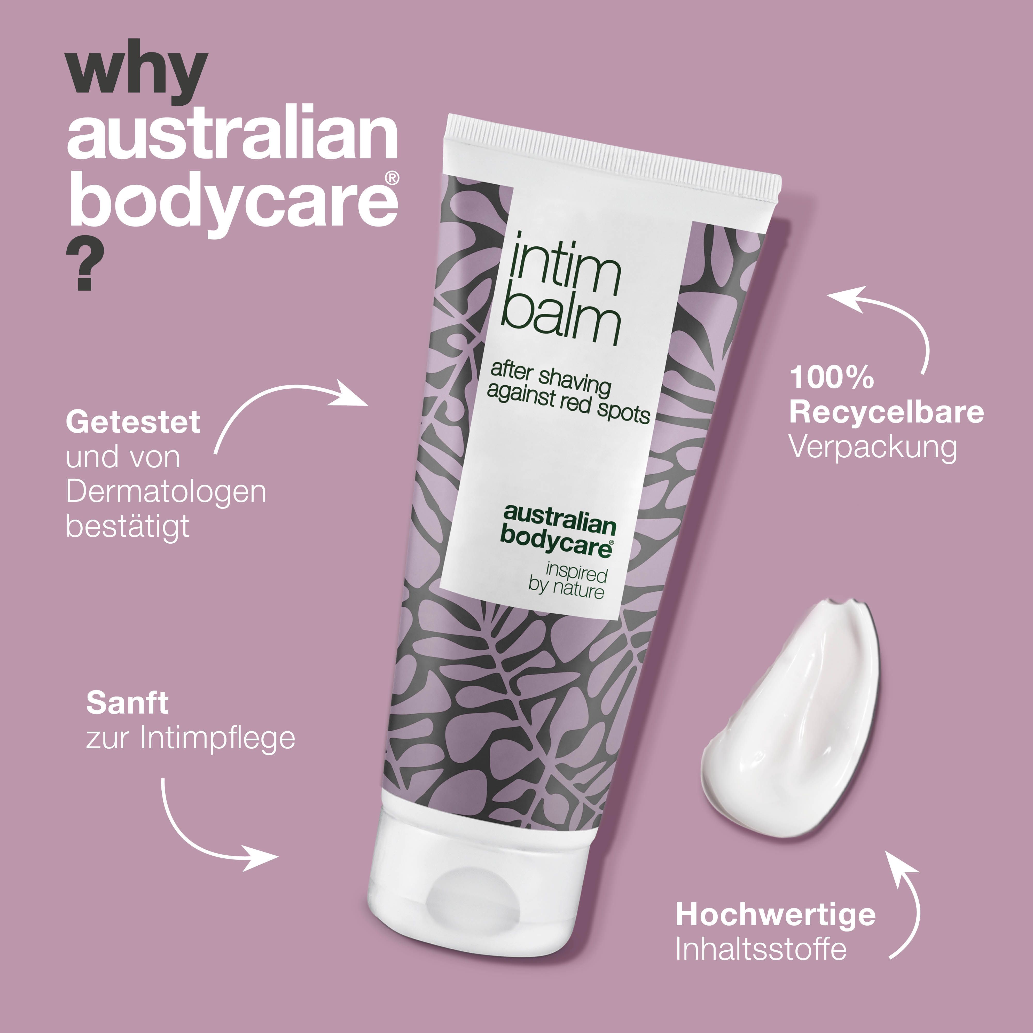 Produktreihe: „intim balm“, „intim wash“ und „intim shave“. Marke: Australian Bodycare.