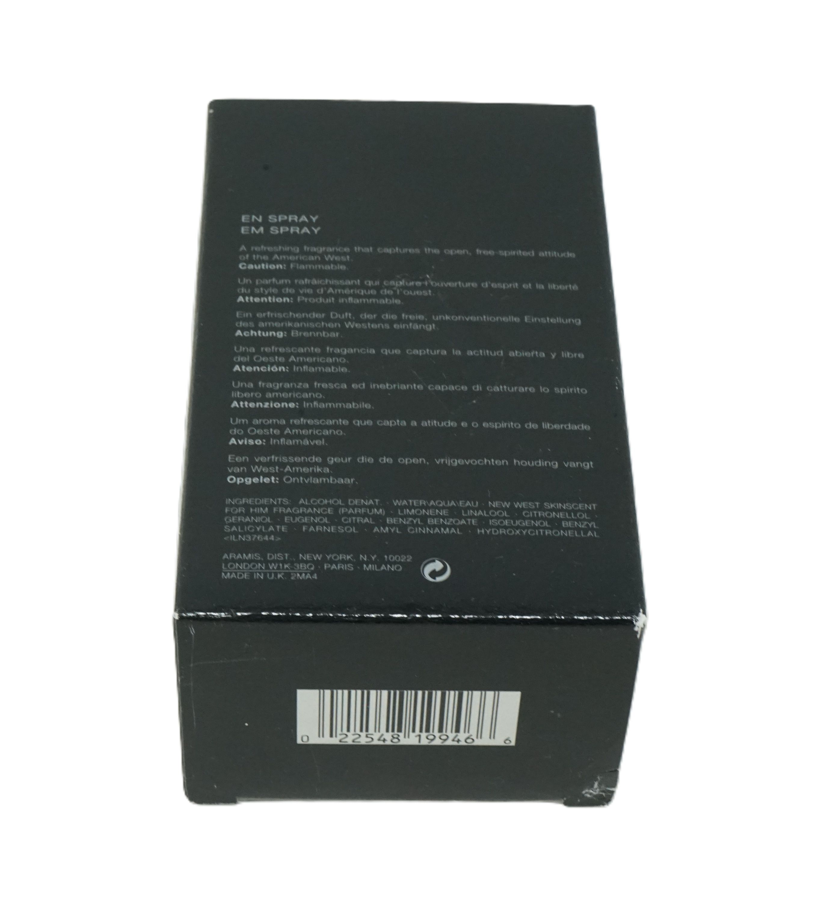 Schwarzer Karton mit Text und Barcode. Aufschrift: EN SPRAY, Inhaltsstoffe, Warnhinweise.