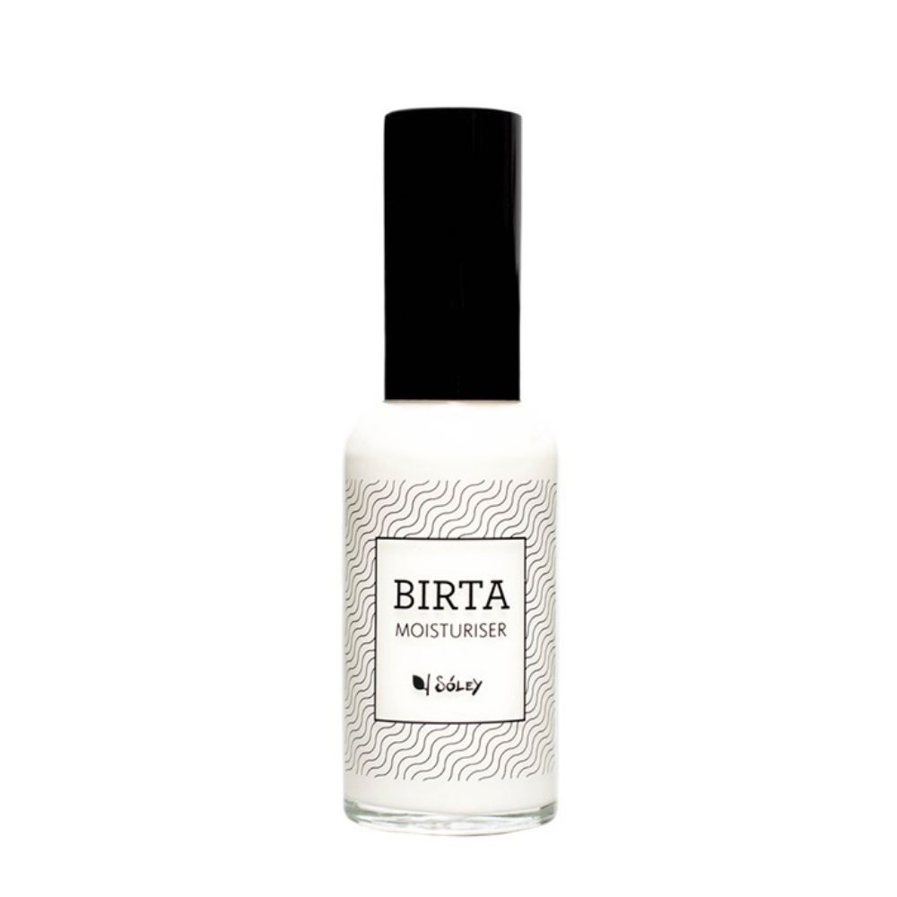 Weißes Fläschchen mit schwarzem Deckel. Aufschrift "BIRTA MOISTURISER" und Logo. Wellenmuster auf dem Etikett.