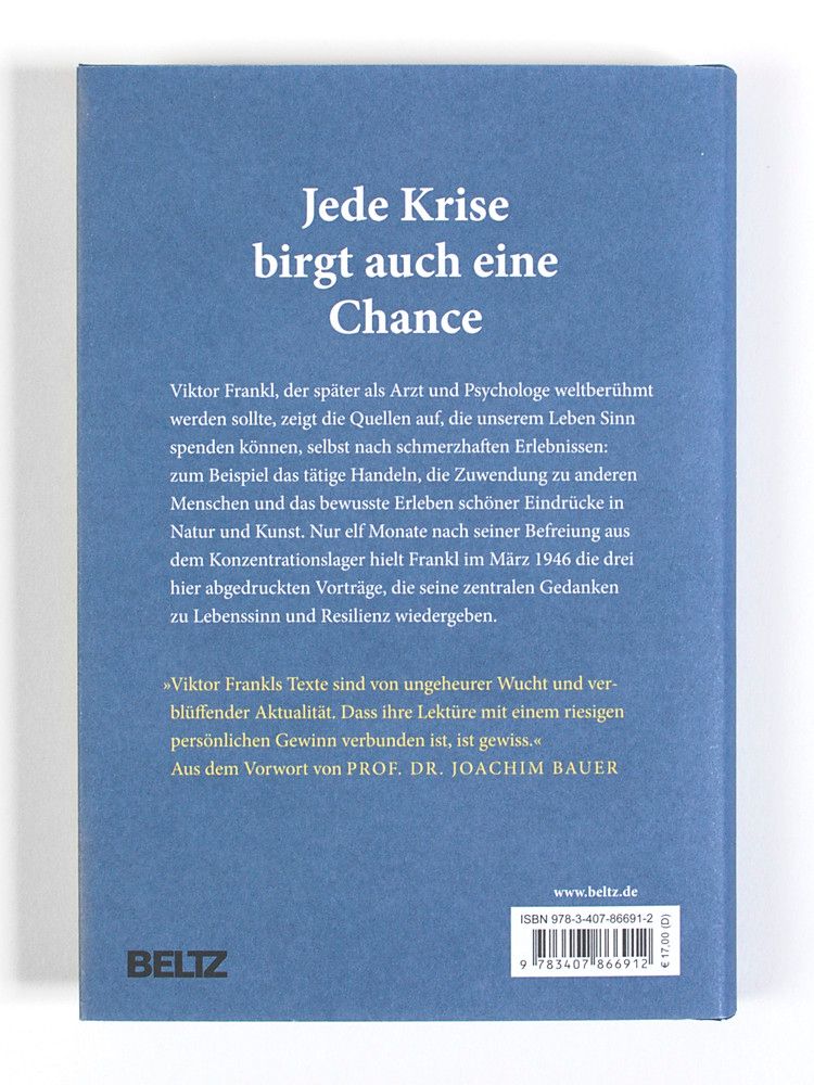 Buchrückseite mit Text "Jede Krise birgt auch eine Chance". Autor: Viktor Frankl. Verlag: Beltz. ISBN- und Barcode.