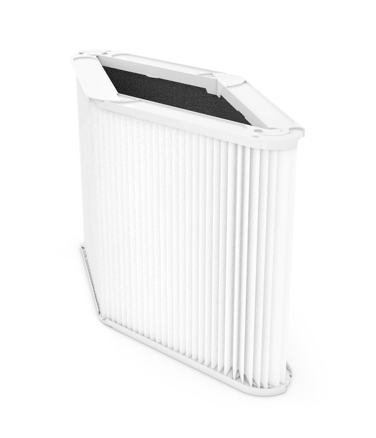 Weißer Filter mit geriffelter Oberfläche. Rechteckige Form mit abgeschrägter Oberseite. Schwarzes Filtermaterial sichtbar.