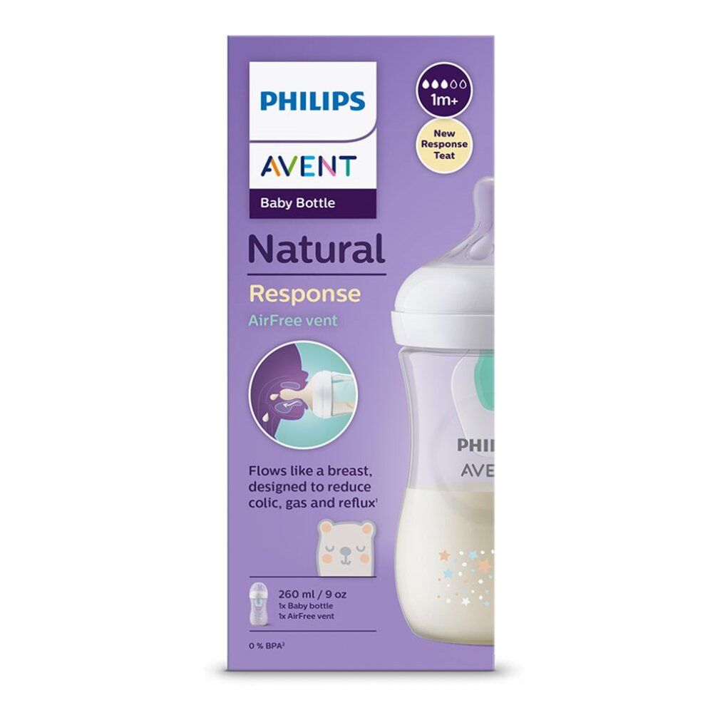 Babyflasche mit Verpackung. Aufschrift Philips Avent, Natural, AirFree Vent. Flasche und Beschreibung.
