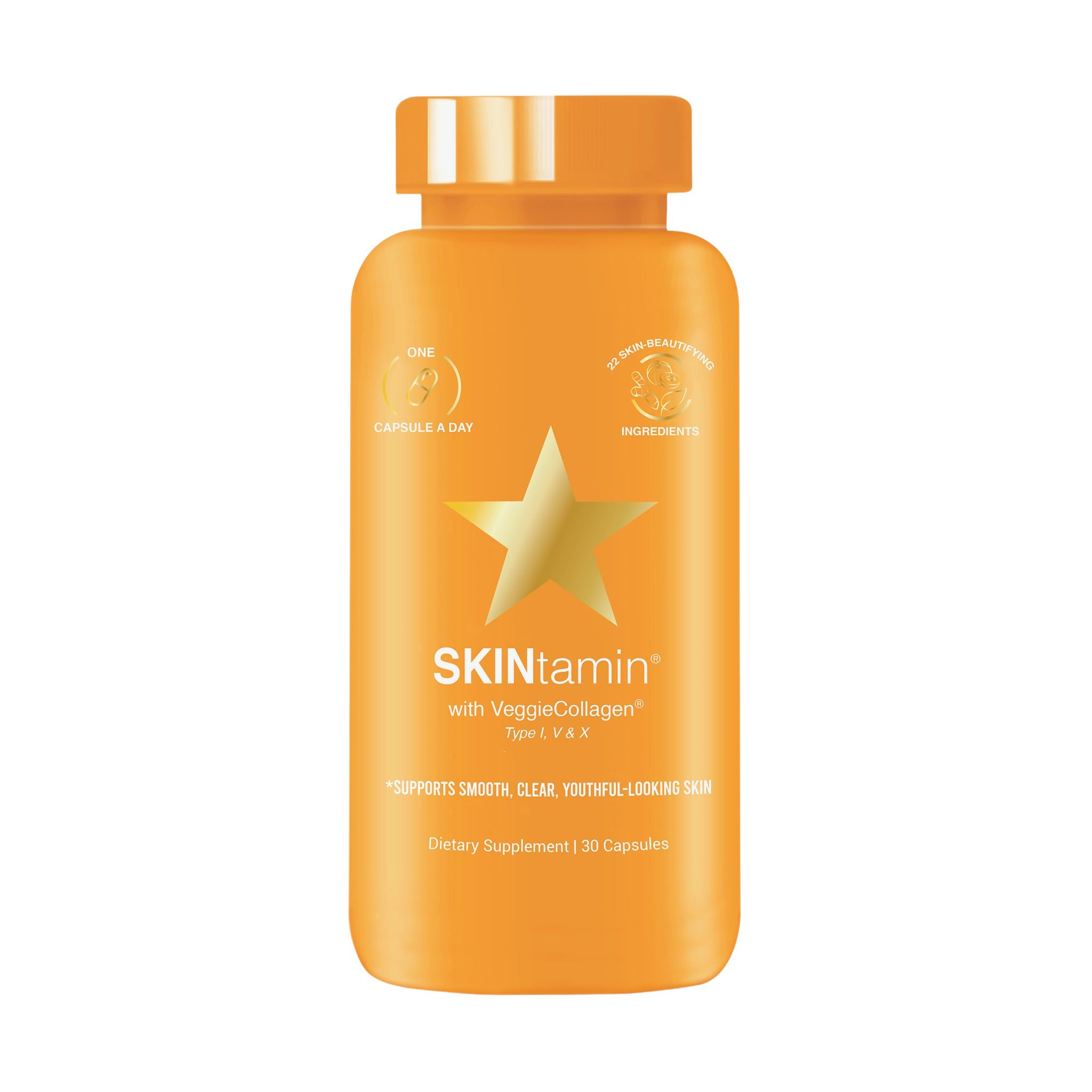 Orangefarbene Flasche mit SKINtamin-Kapseln. Goldener Stern und Text. "Supports smooth, clear, youthful-looking skin".
