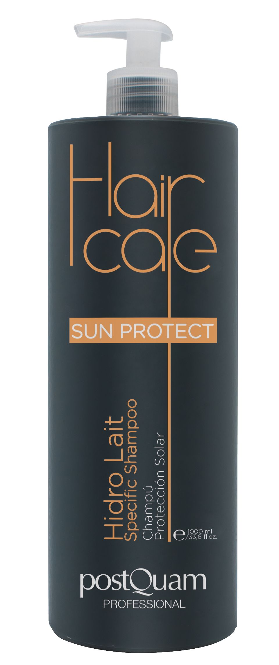 Dunkelgraue Shampoo-Flasche mit weißem Pumpkopf. Aufschrift: Hair Care, Sun Protect, Hidro Lait, Specific Shampoo, PostQuam Professional.