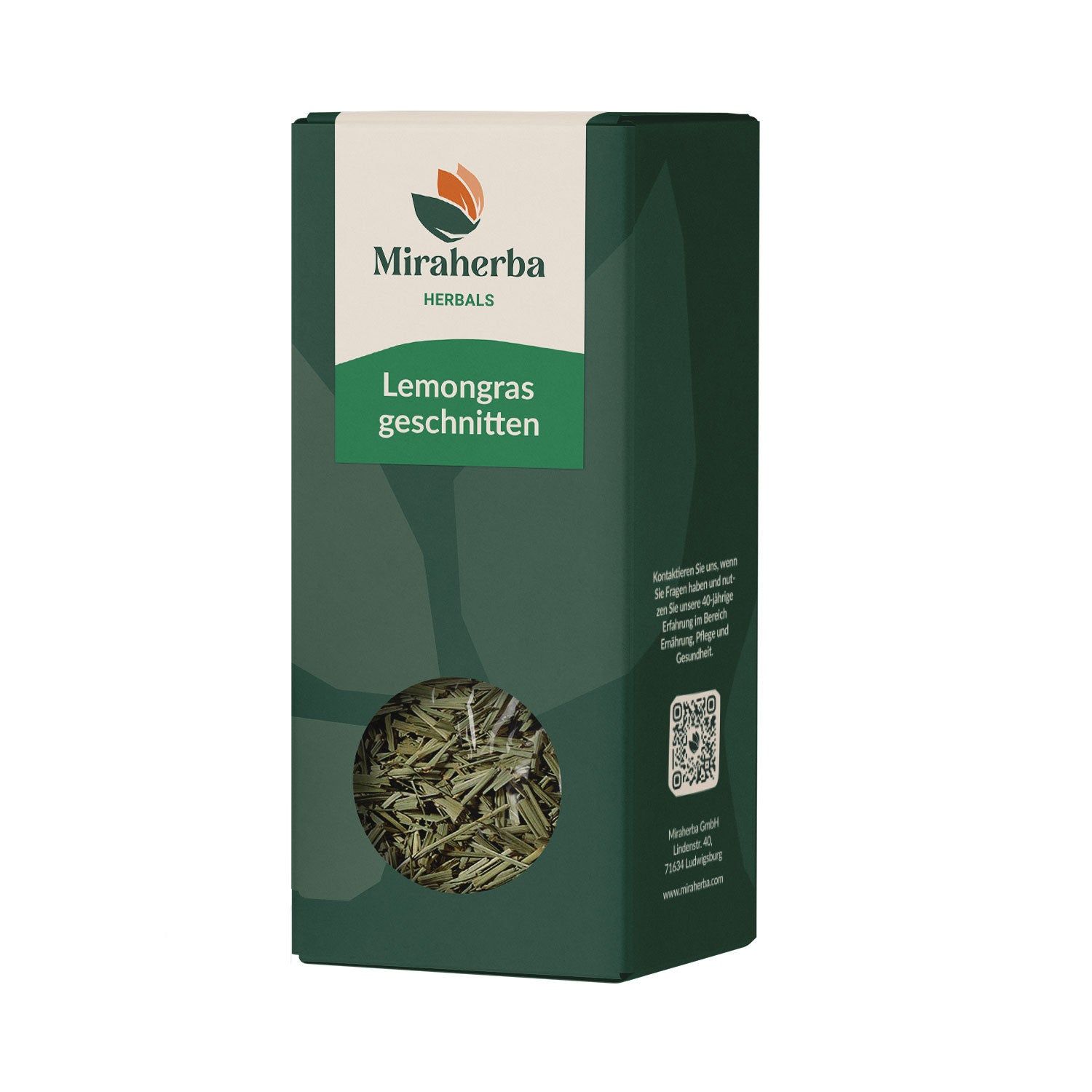 Miraherba Bio Lemongras geschnitten in dunkler Verpackung mit Sichtfenster.