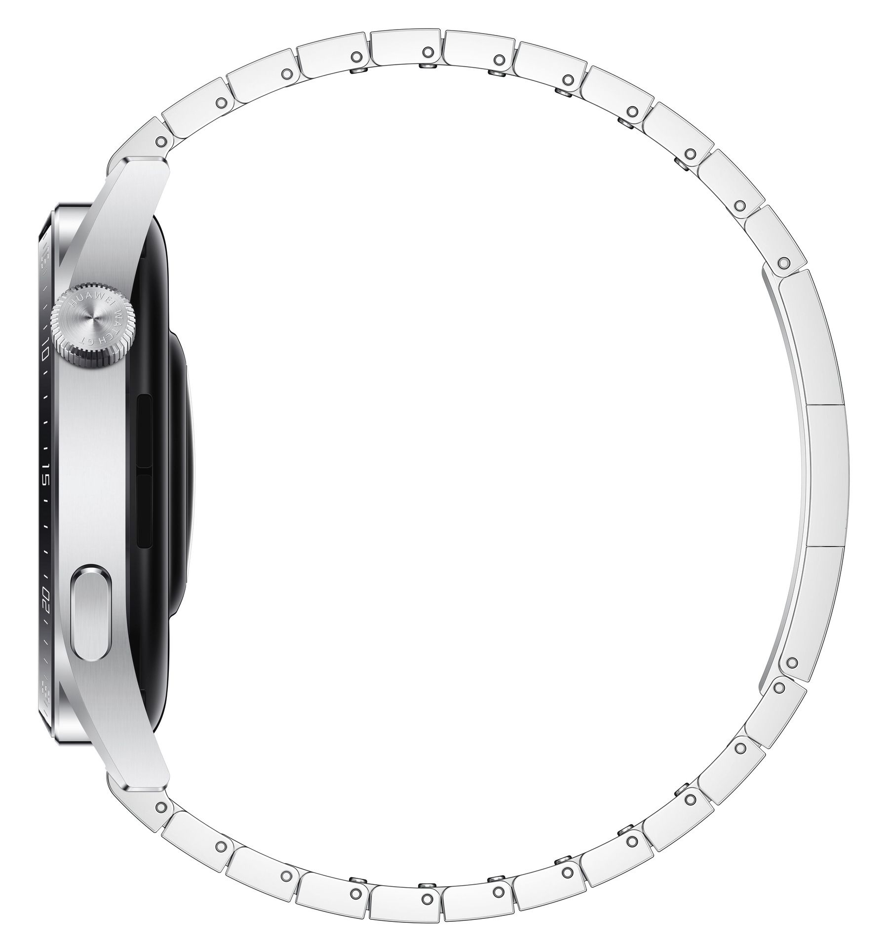 Seitenansicht einer silbernen Smartwatch mit Metallarmband. Runde Form, Edelstahlgehäuse.