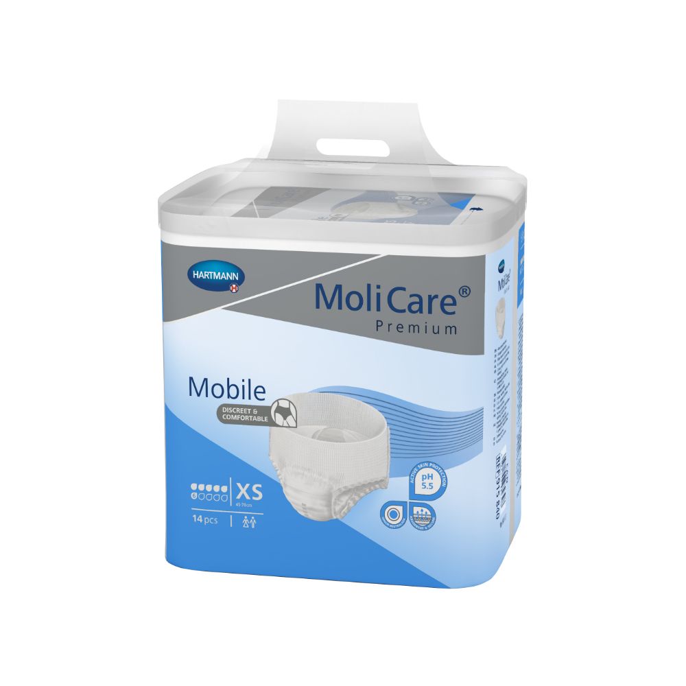MoliCare Premium Mobile XS-Packung. Blaue und weiße Verpackung mit Produktabbildung und Logo. Enthält 14 Stück.