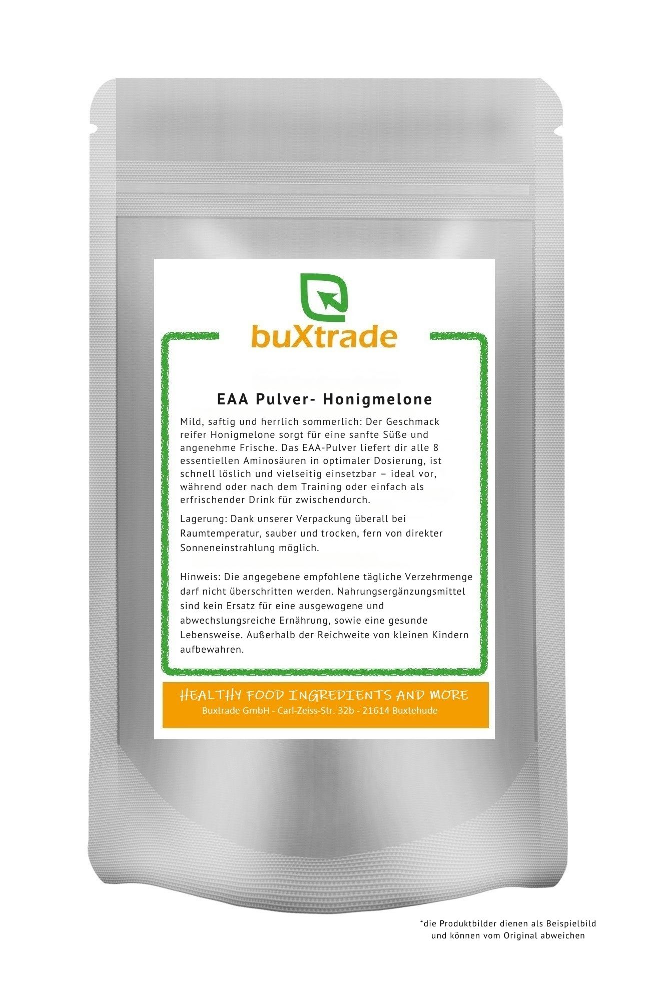 Beutel mit buXtrade EAA Pulver-Honigmelone. Weißer Beutel mit grünem Etikett. Text: EAA Pulver, Honigmelone. Enthält Aminosäuren.