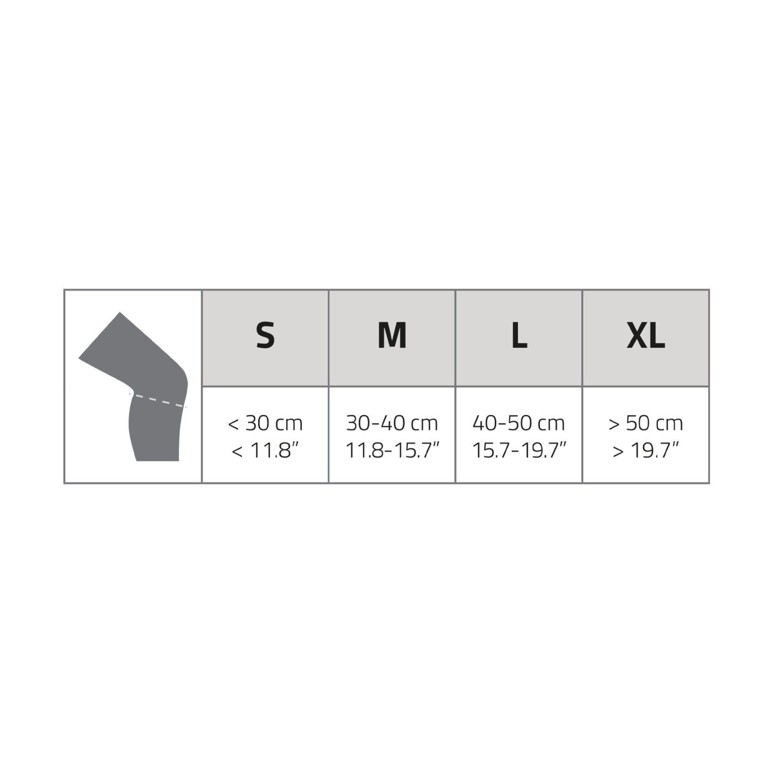 Una tabella mostra le taglie per il tutore per il ginocchio Pure2Improve. Le taglie sono S, M, L e XL, con le relative misure in centimetri e pollici per la circonferenza del ginocchio.