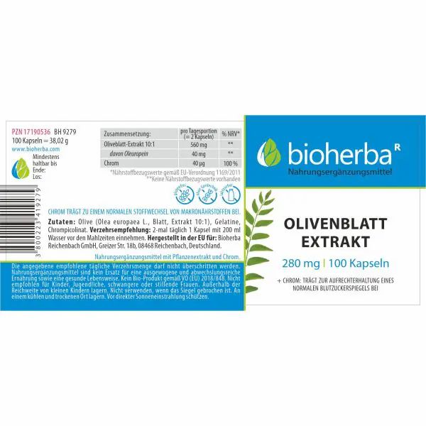 Etikett mit Produktinformationen. Enthält Olivenblatt Extrakt, 280 mg, 100 Kapseln. Marke: Bioherba. Text in Deutsch.