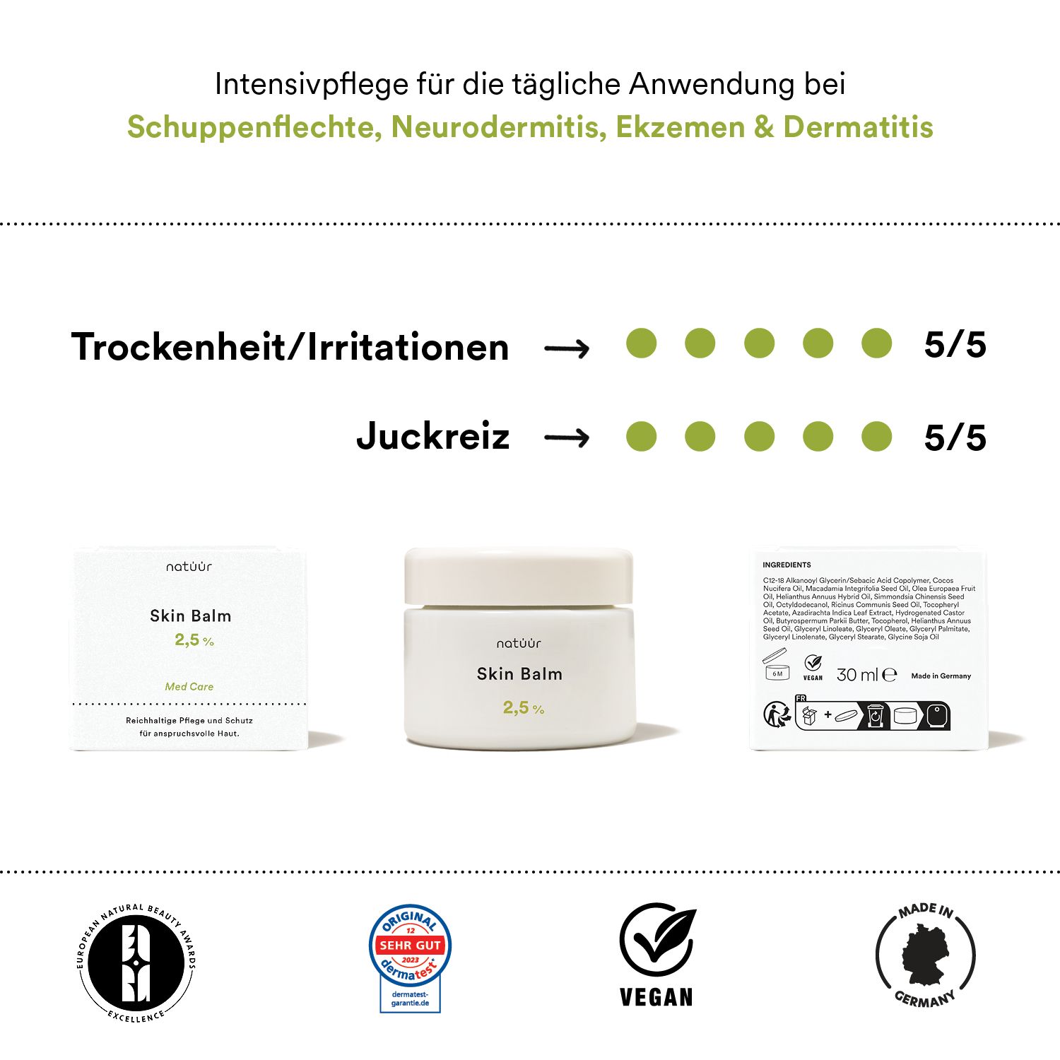 Produktabbildung mit Text. Enthält Produkt, Bewertungssymbole, Vegan-Siegel, Made in Germany.
