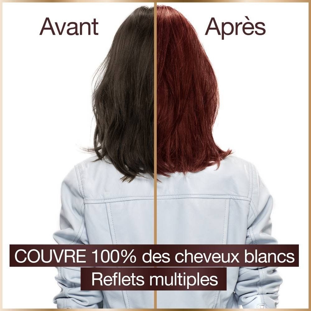 Vergleich von Haaren vor und nach der Anwendung von Garnier Good Haarfarbe. Aufschrift: Couvre 100% des cheveux blancs, Reflets multiples.
