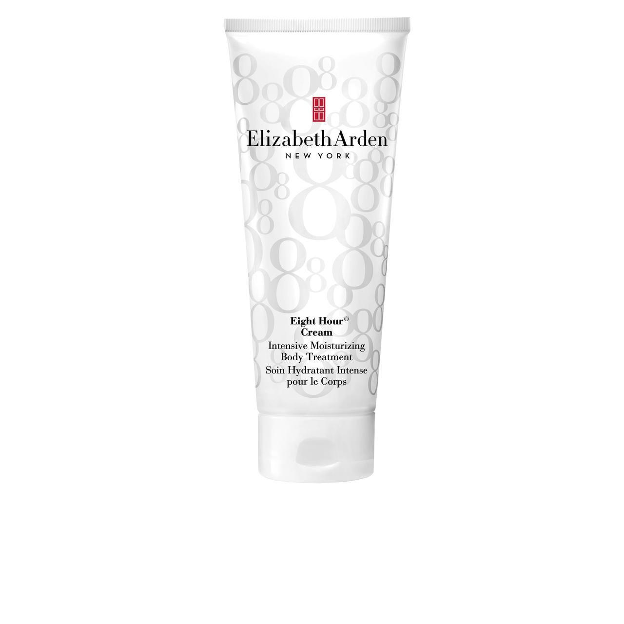 Weiße Tube mit Produkttext. Aufschrift: Elizabeth Arden, Eight Hour Cream, Intensive Moisturizing Body Treatment. Logo mit rotem Akzent.