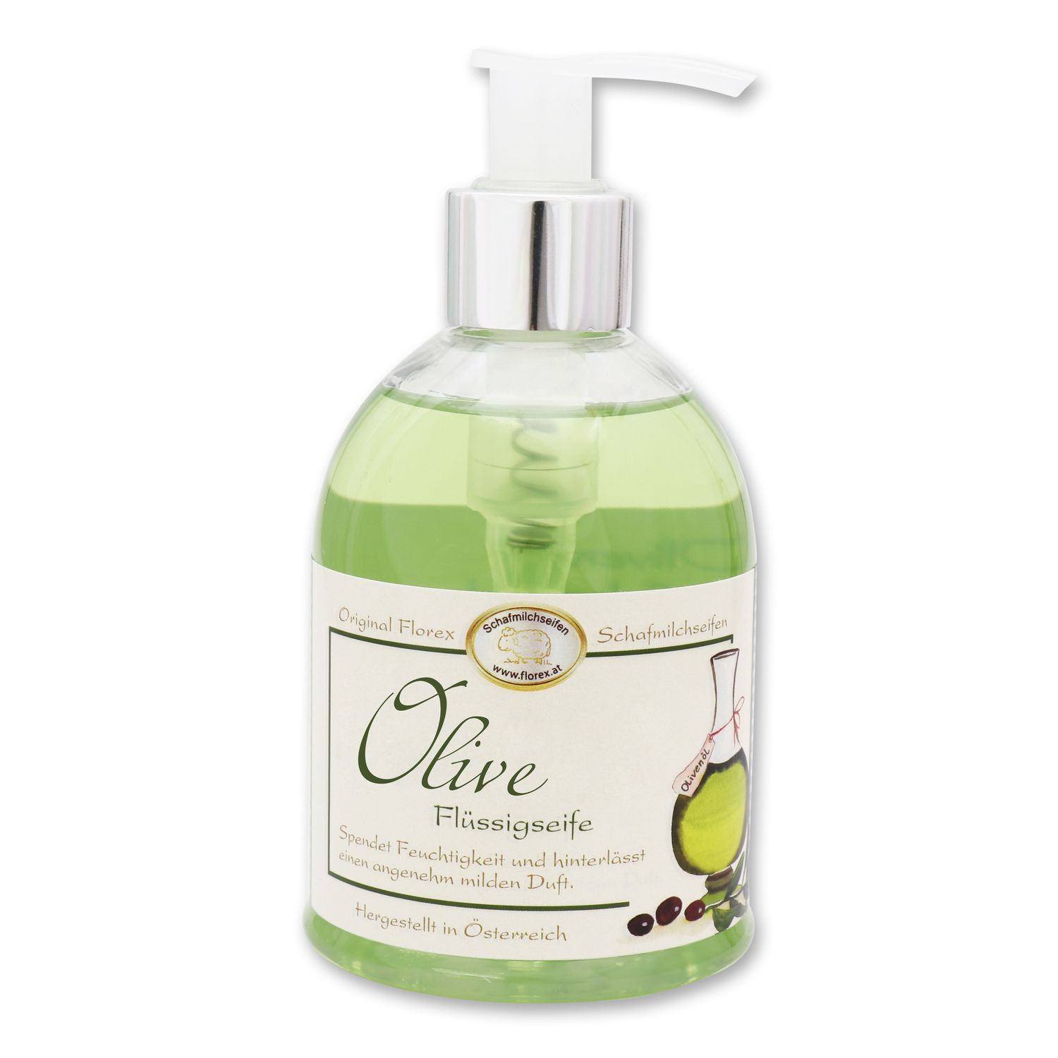 Flüssigseife in einer transparenten Flasche mit Spender. Etikett mit Aufschrift Olive und Illustrationen. Grüne Flüssigkeit sichtbar.