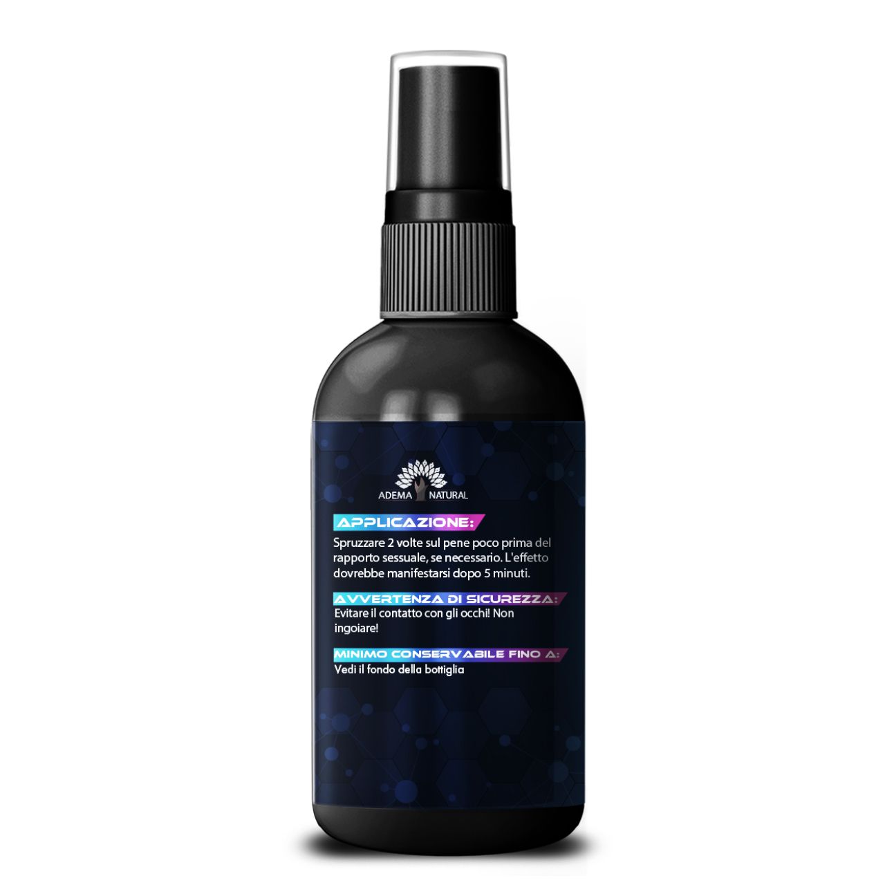 Schwarze Sprühflasche. Text: "ADEMA NATURAL". Anwendungshinweise in italienischer Sprache.