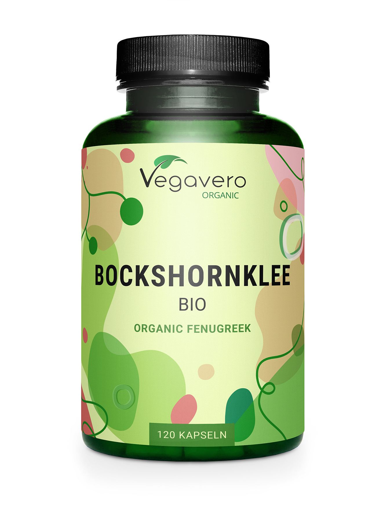 Grüne Flasche mit schwarzen Deckel. Aufschrift: Bockshornklee BIO, 120 Kapseln. Vegavaro Organic Logo.