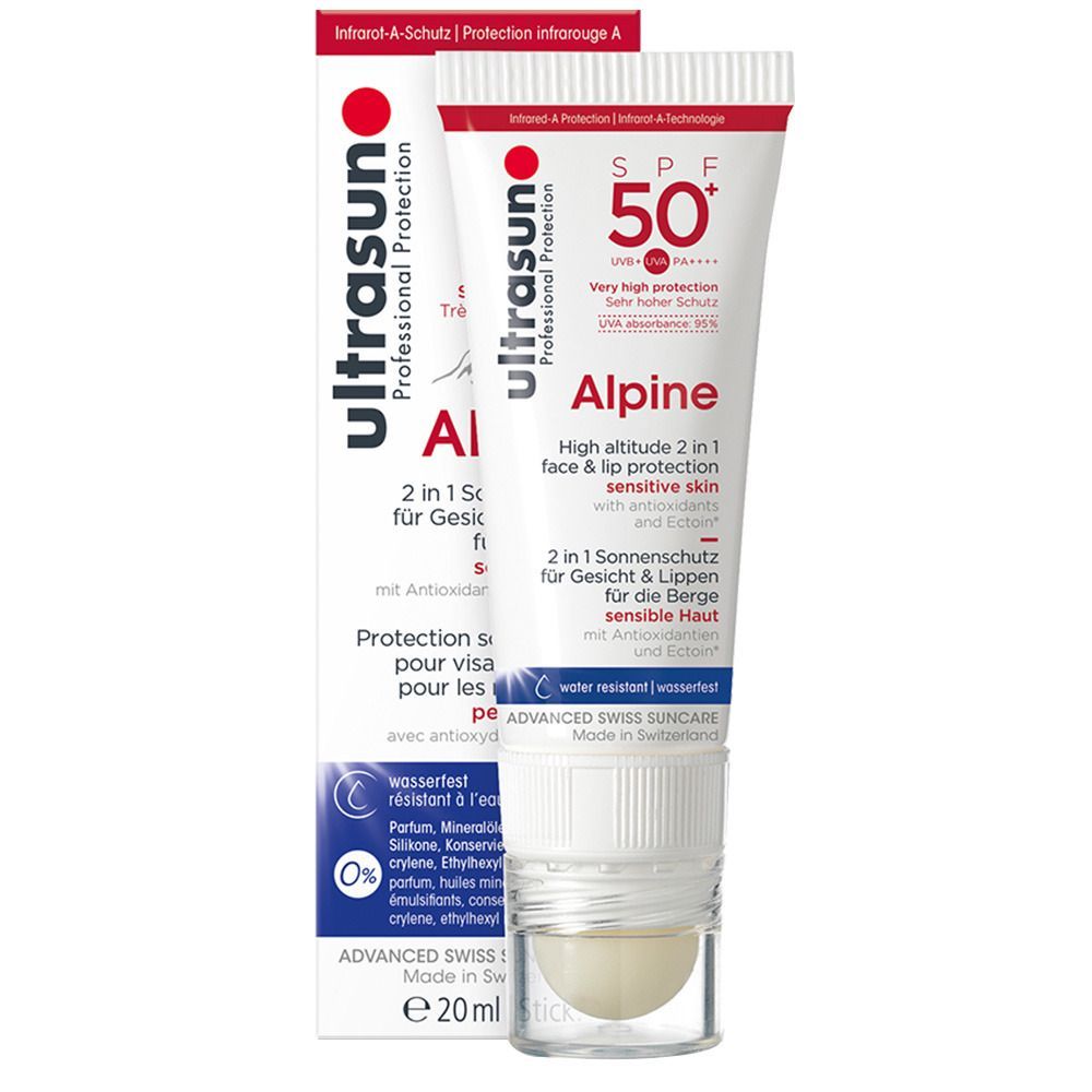 Sonnencreme-Stick mit SPF 50+ und Alpine-Aufschrift. 2-in-1-Schutz für Gesicht und Lippen. Wasserfest. 20 ml.