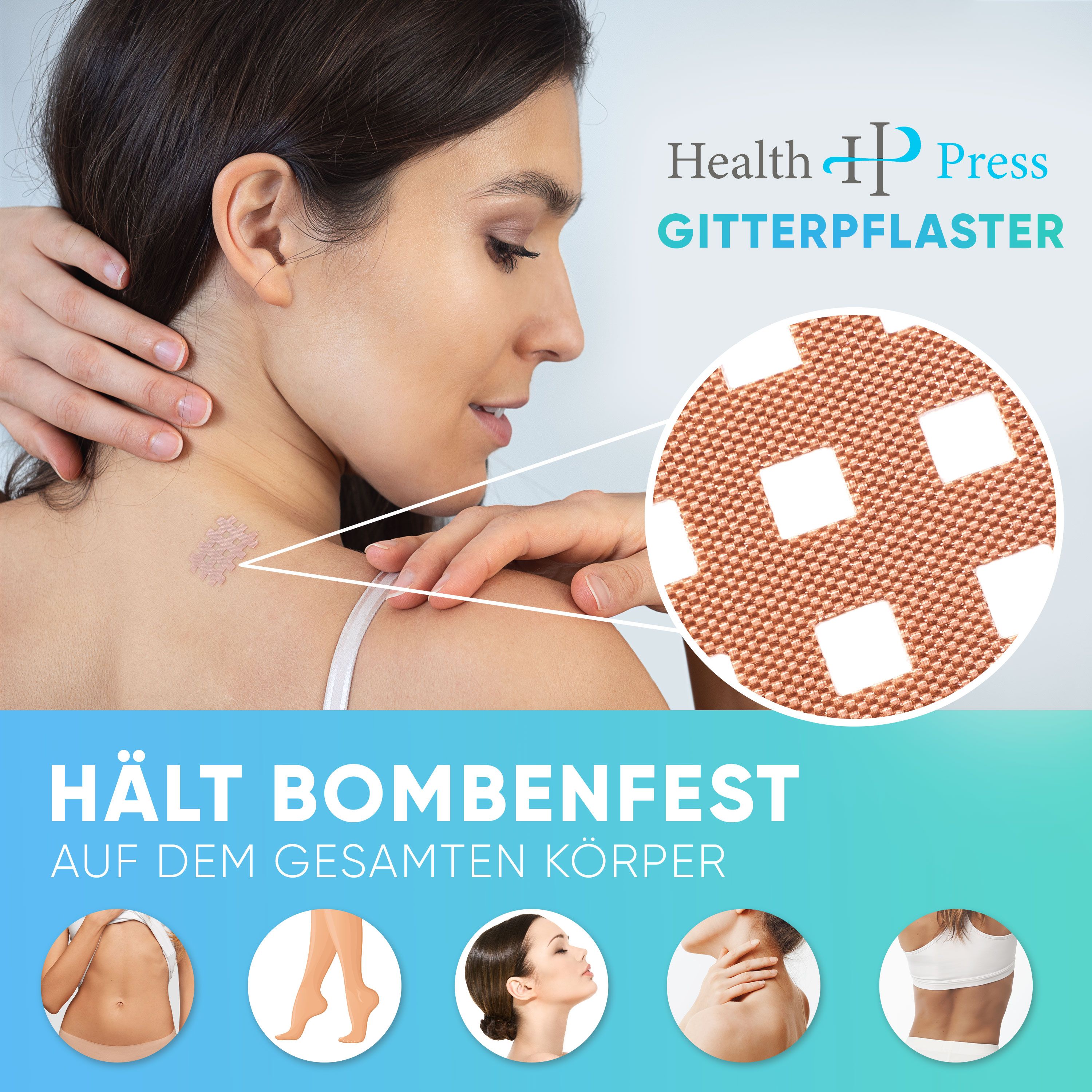 Person mit Gitterpflaster auf der Schulter. Vergrößerte Ansicht des Pflasters. Text: Hält bombenfest auf dem gesamten Körper. Symbole: Körperteile.