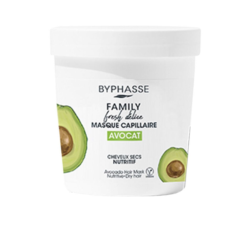 Weißer Behälter mit Avocado-Haarmaske. Aufschrift: Byphasse, Family Fresh Délice, Masque Capillaire, Avocat. Für trockenes Haar.