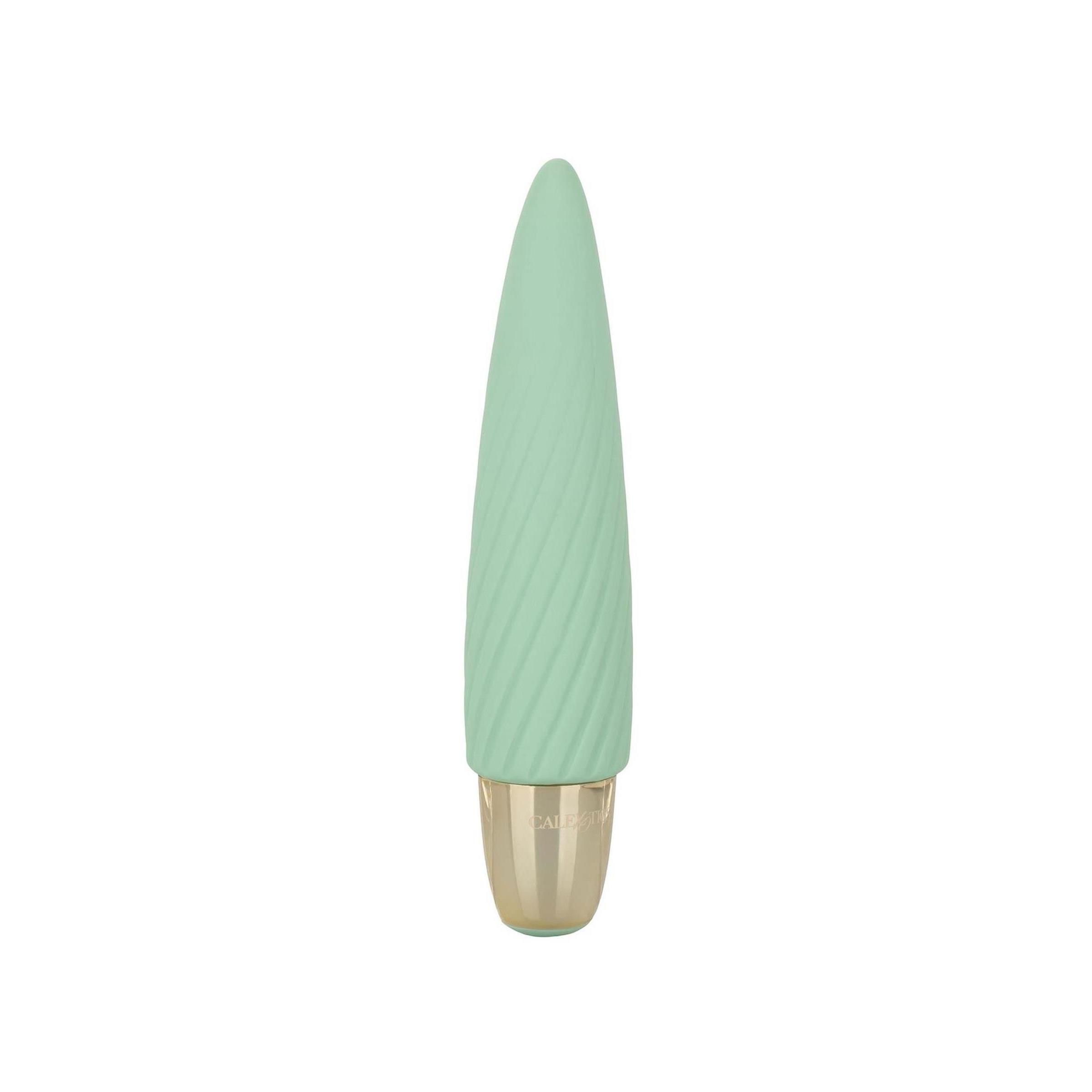 Minzfarbener Vibrator mit goldfarbenem Sockel. Spiralförmige Textur.